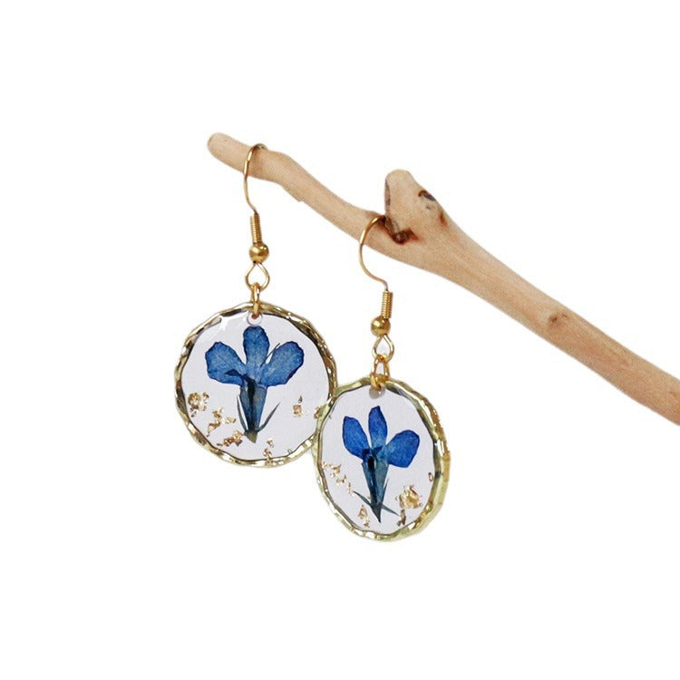 Wholesale new 6pcs/pack resin dried flower irregular round gold earrings creative real flower fashion earrings